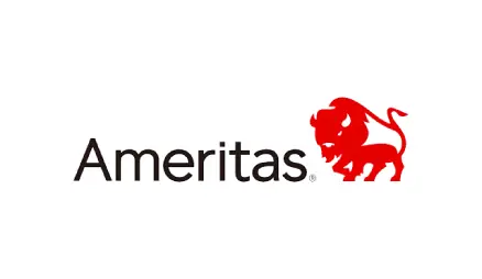 The image displays a logo consisting of a stylized letter A with a red lion above it, set against a white background, accompanied by the text AMERITAS in lowercase letters below the graphic.