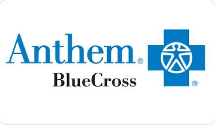 The image shows a logo with the text ANTHEM BLUECROSS prominently displayed above a stylized emblem resembling a cross, which is associated with healthcare services.